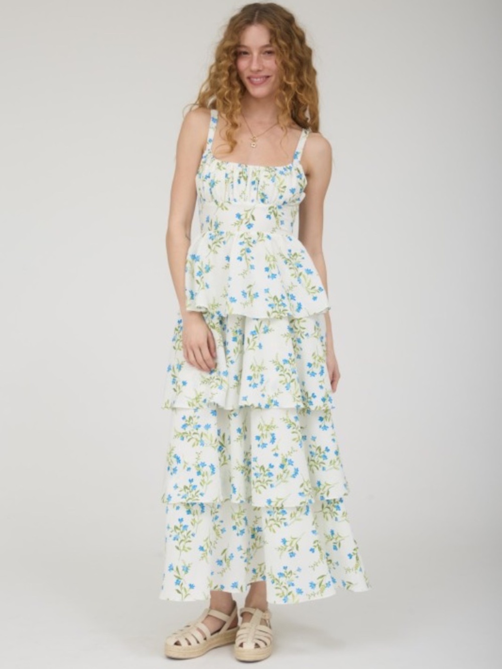 Floral Ruffle Tiered Back Tie Midi Dress